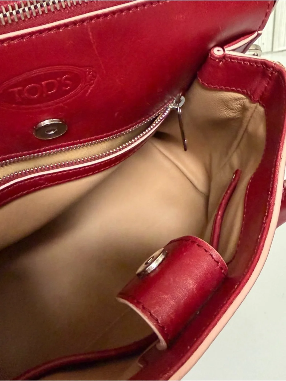 Tod’s Red Leather Satchel Top Handle Bag Double T Logo Designer Handbag